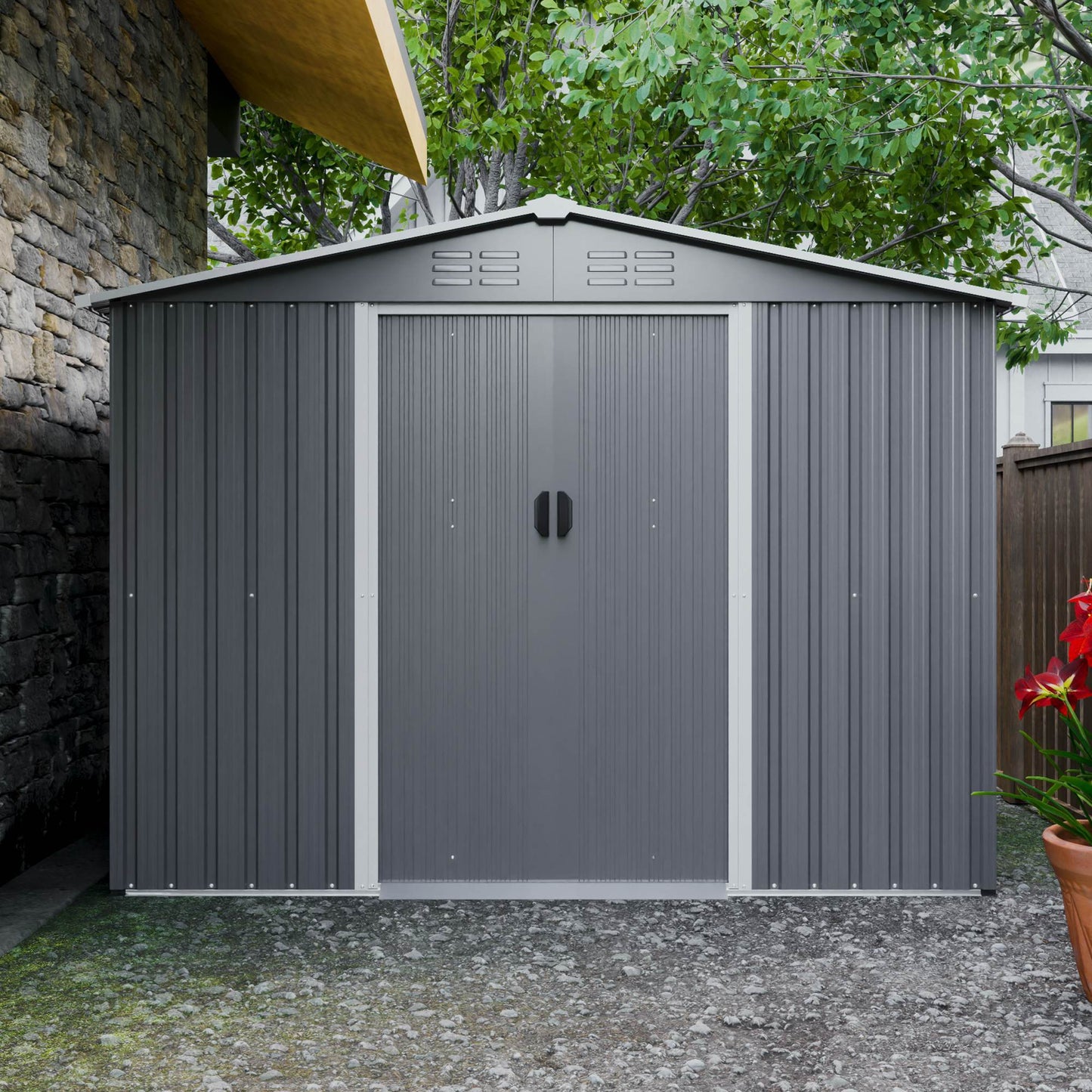 8x6 FT Outdoor Tool Storage Shed With Metal Foundation & Lockable Doors, All Weather Metal Sheds For Garden, Patio, Backyard, Lawn, Gray