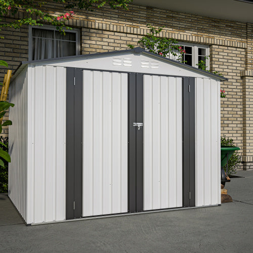 8 X 6 Ft Outdoor Storage Shed, All Weather Metal Sheds With 2 Lockable Doors, Tool Shed For Garden, Backyard, Lawn,White