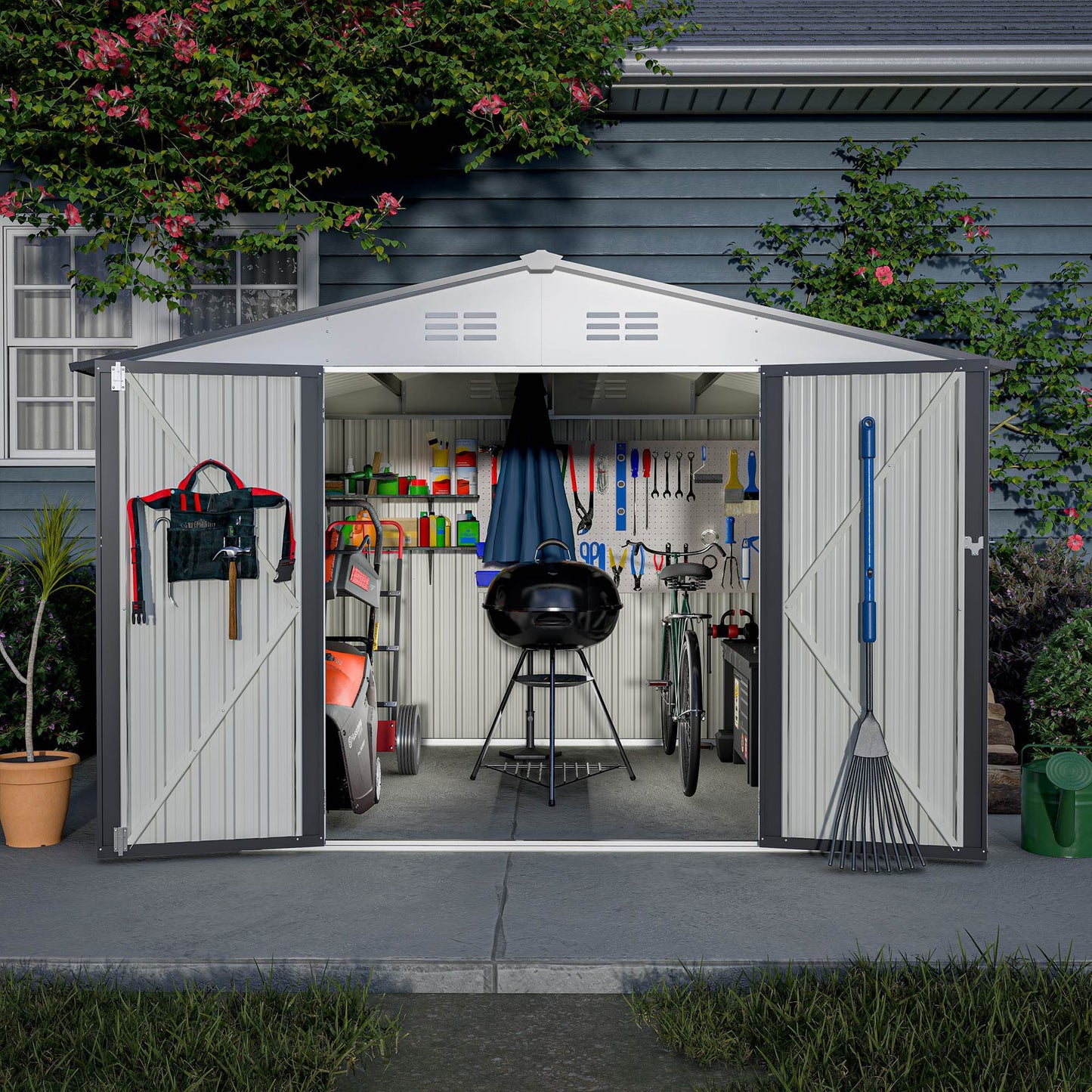 10X8 FT Outdoor Storage Shed, All Weather Metal Sheds With Lockable Doors, Tool Shed For Garden, Patio, Backyard, Lawn, White