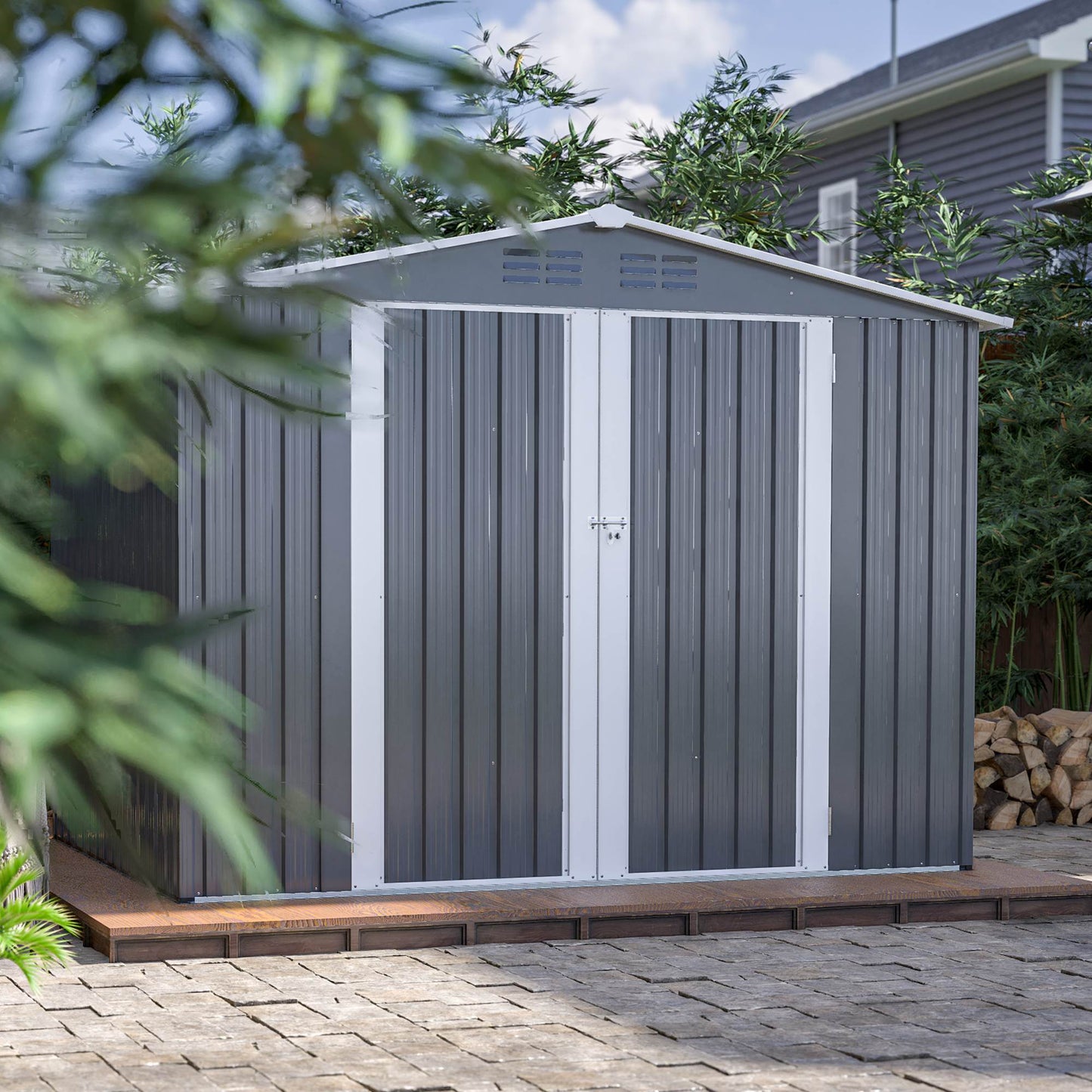8 X 6 FT Outdoor Waterproof Garden Tool Storage Sheds With Metal Foundation With Floor Frame, Tool Shed With Lockable Hinged Doors & Air Vents
