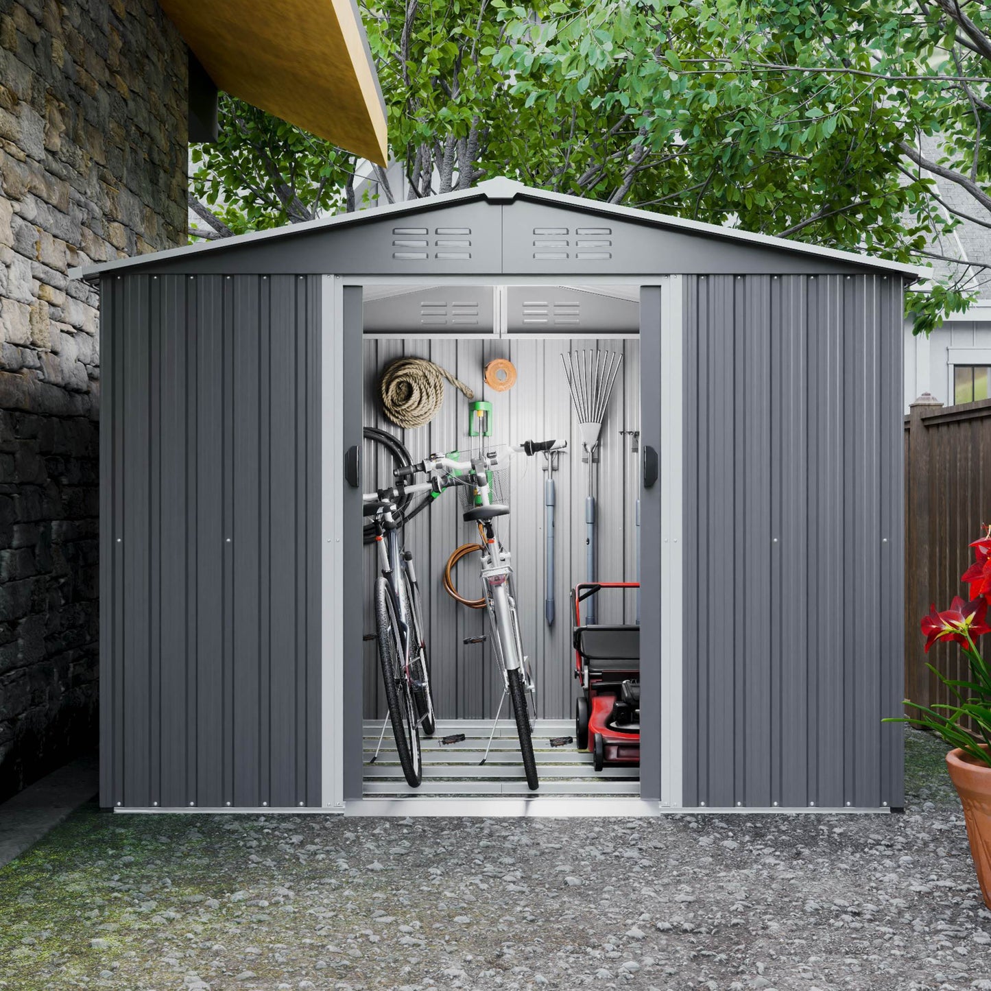 8x6 FT Outdoor Tool Storage Shed With Metal Foundation & Lockable Doors, All Weather Metal Sheds For Garden, Patio, Backyard, Lawn, Gray