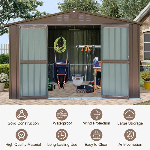 Outdoor Storage Shed 10'x8', Metal Tool Sheds Storage House With Lockable Double Door,Large Bike Shed Waterproof For Garden,Backyard,Law Brown