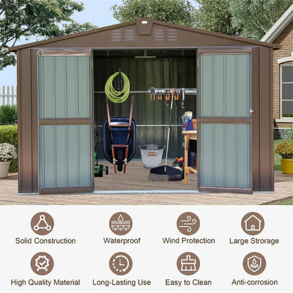 Outdoor Storage Shed 10'x8', Metal Tool Sheds Storage House With Lockable Double Door,Large Bike Shed Waterproof For Garden,Backyard,Law Brown