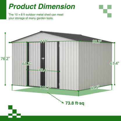 10X8 FT Outdoor Storage Shed, All Weather Metal Sheds With Lockable Doors, Tool Shed For Garden, Patio, Backyard, Lawn, White