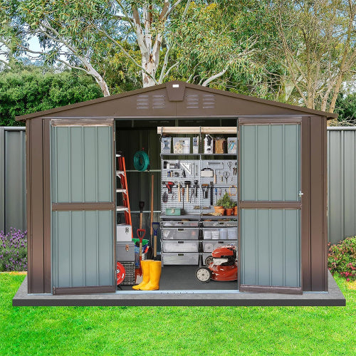 Outdoor Storage Shed 10'x8', Metal Tool Sheds Storage House With Lockable Double Door,Large Bike Shed Waterproof For Garden,Backyard,Law Brown