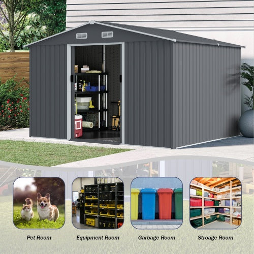 Outdoor Storage Shed 8 X 10 FT Large Metal Tool Sheds  Heavy Duty Storage House With Sliding Doors With Air Vent