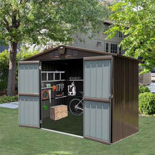 Outdoor Storage Shed 10'x8', Metal Tool Sheds Storage House With Lockable Double Door,Large Bike Shed Waterproof For Garden,Backyard,Law Brown