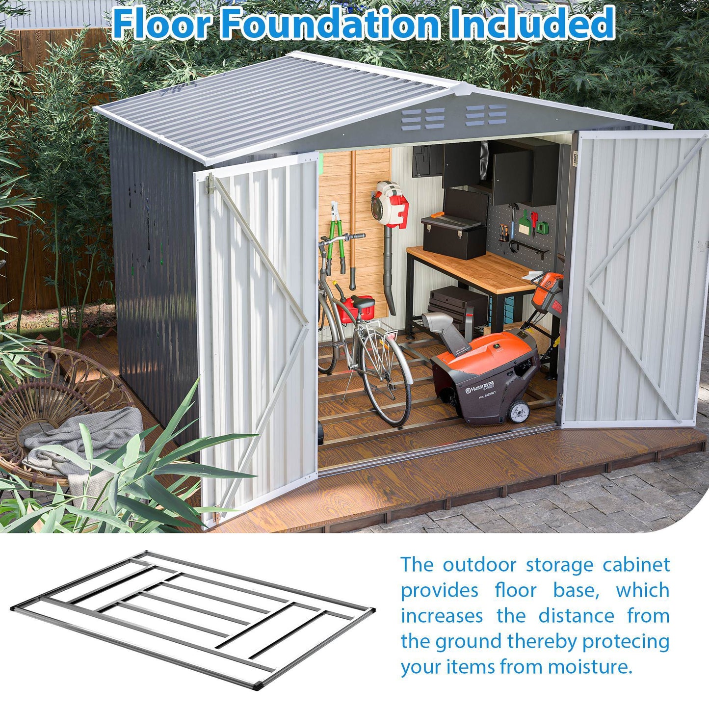 8 X 6 FT Outdoor Waterproof Garden Tool Storage Sheds With Metal Foundation With Floor Frame, Tool Shed With Lockable Hinged Doors & Air Vents