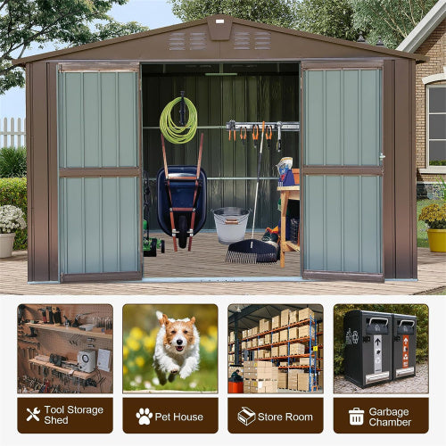 Outdoor Storage Shed 10'x8', Metal Tool Sheds Storage House With Lockable Double Door,Large Bike Shed Waterproof For Garden,Backyard,Law Brown