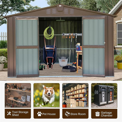Outdoor Storage Shed 10'x8', Metal Tool Sheds Storage House With Lockable Double Door,Large Bike Shed Waterproof For Garden,Backyard,Law Brown