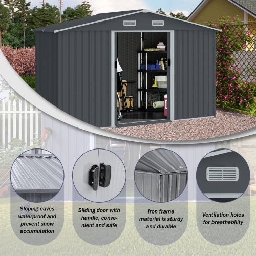 Outdoor Storage Shed 8 X 10 FT Large Metal Tool Sheds  Heavy Duty Storage House With Sliding Doors With Air Vent