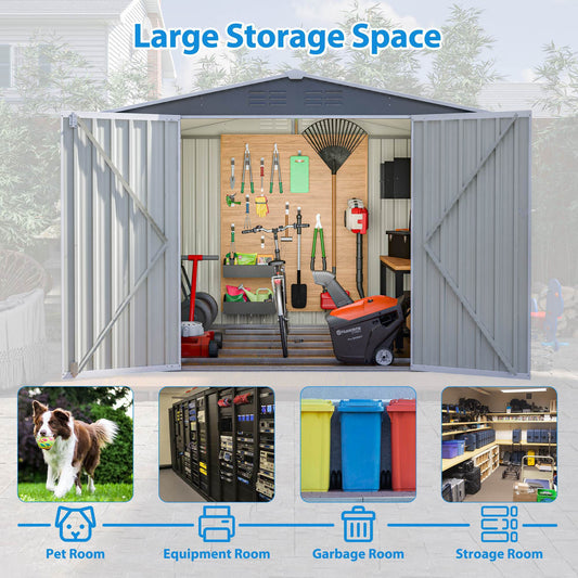 8 X 6 FT Outdoor Waterproof Garden Tool Storage Sheds With Metal Foundation With Floor Frame, Tool Shed With Lockable Hinged Doors & Air Vents