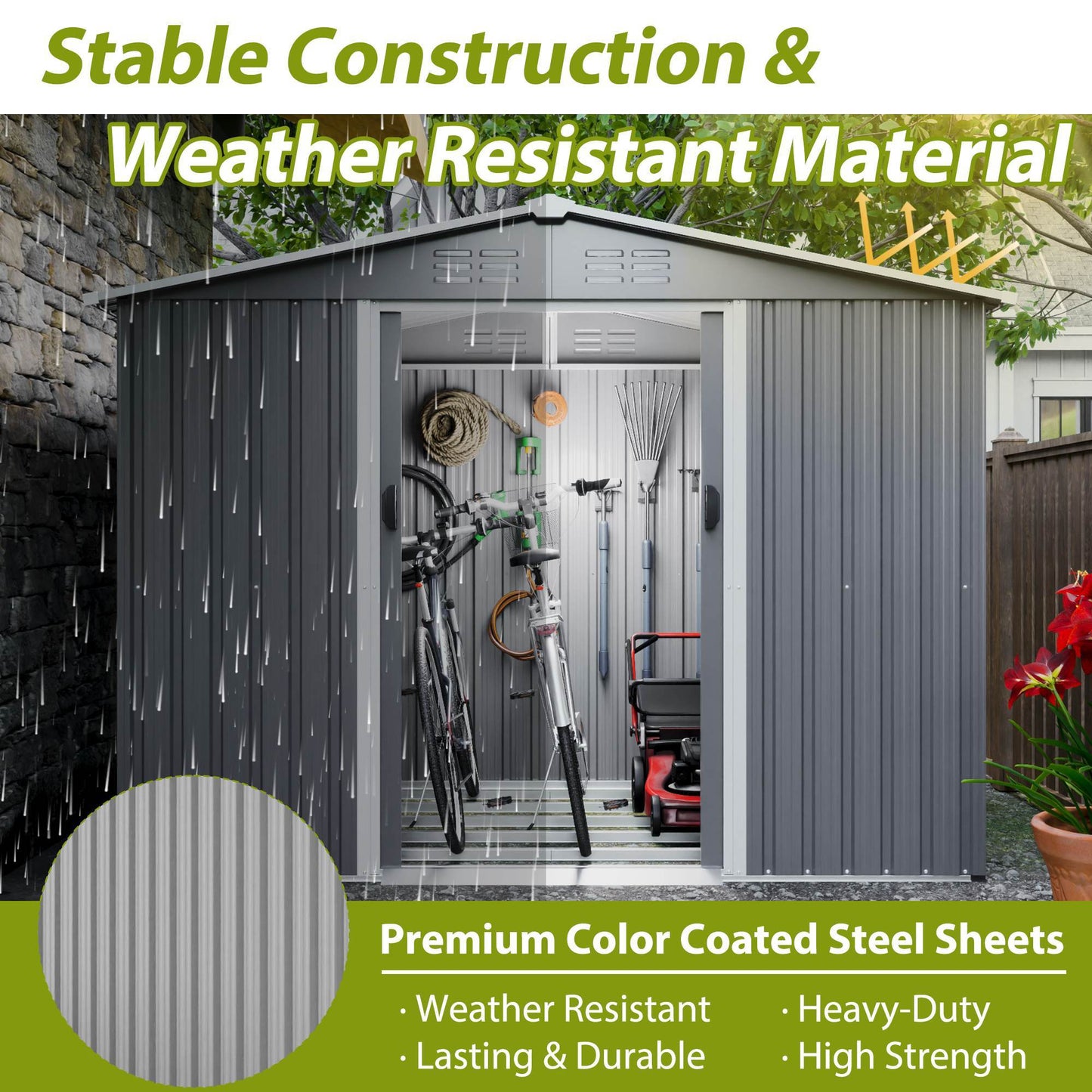 8x6 FT Outdoor Tool Storage Shed With Metal Foundation & Lockable Doors, All Weather Metal Sheds For Garden, Patio, Backyard, Lawn, Gray