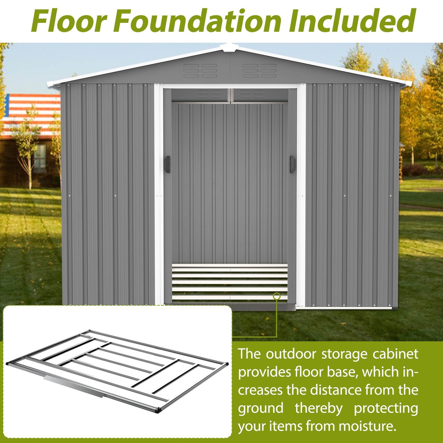 8x6 FT Outdoor Tool Storage Shed With Metal Foundation & Lockable Doors, All Weather Metal Sheds For Garden, Patio, Backyard, Lawn, Gray