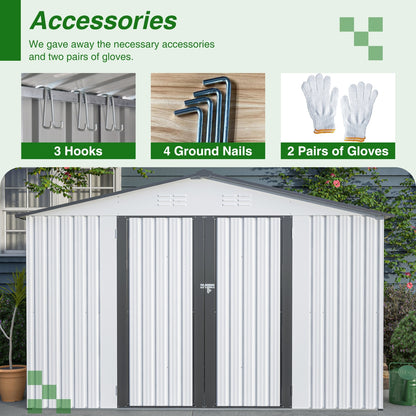 10X8 FT Outdoor Storage Shed, All Weather Metal Sheds With Metal Foundation & Lockable Doors, Tool S
