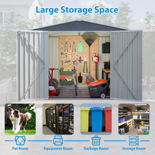 8 X 6 FT Outdoor Waterproof Garden Tool Storage Sheds With Metal Foundation With Floor Frame, Tool Shed With Lockable Hinged Doors & Air Vents