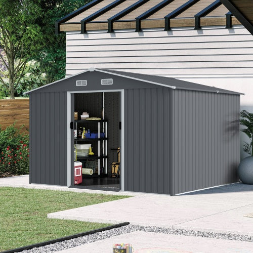 Outdoor Storage Shed 8 X 10 FT Large Metal Tool Sheds  Heavy Duty Storage House With Sliding Doors With Air Vent