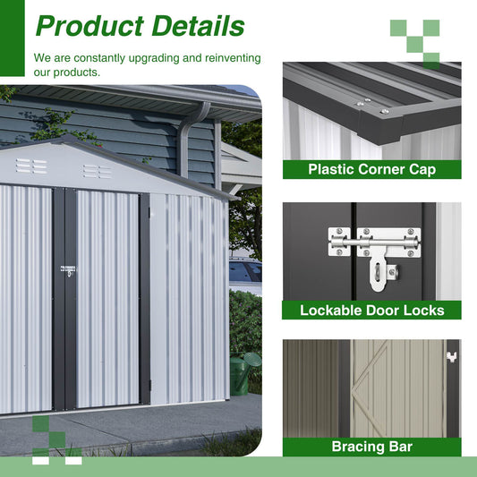 10X8 FT Outdoor Storage Shed, All Weather Metal Sheds With Lockable Doors, Tool Shed For Garden, Patio, Backyard, Lawn, White
