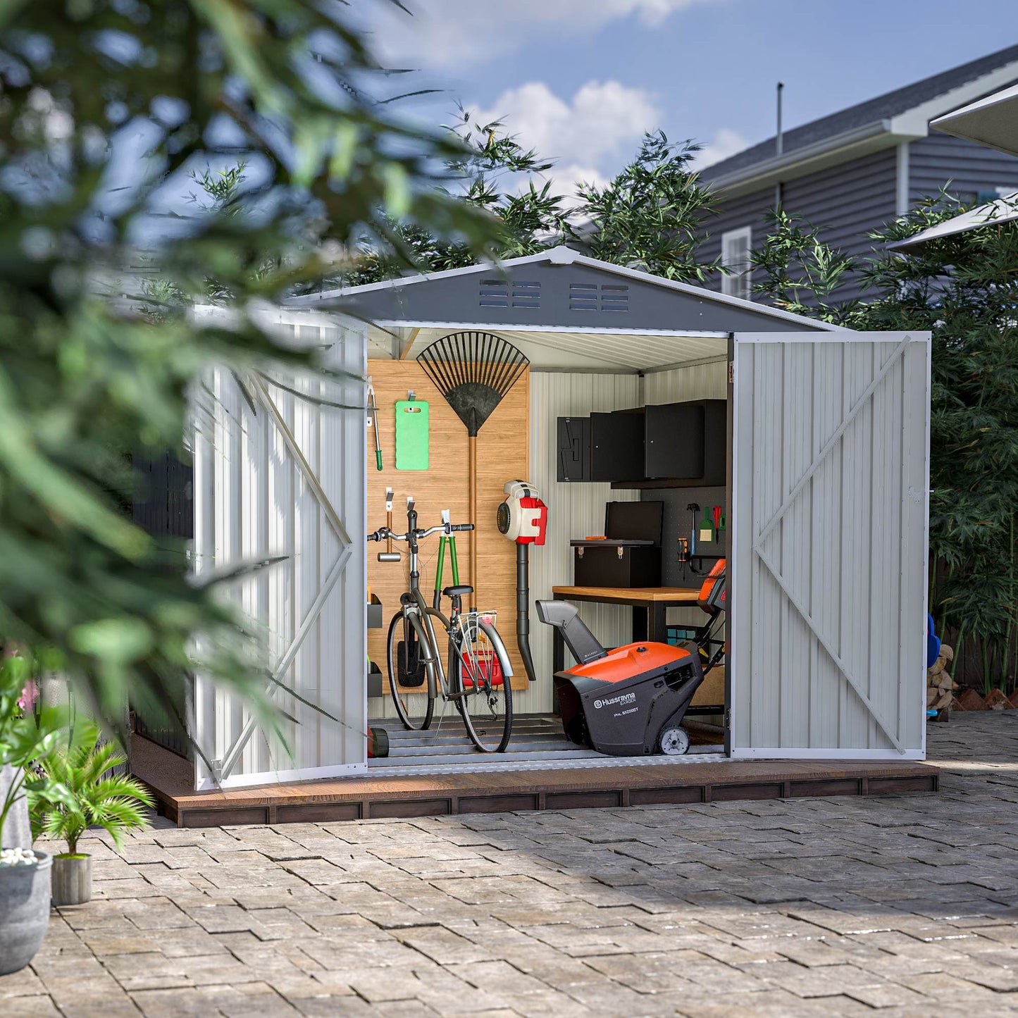 8 X 6 FT Outdoor Waterproof Garden Tool Storage Sheds With Metal Foundation With Floor Frame, Tool Shed With Lockable Hinged Doors & Air Vents